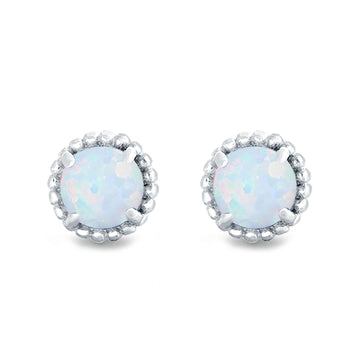 Round Stud Earrings Lab Created White Opal 925 Sterling Silver (7mm)